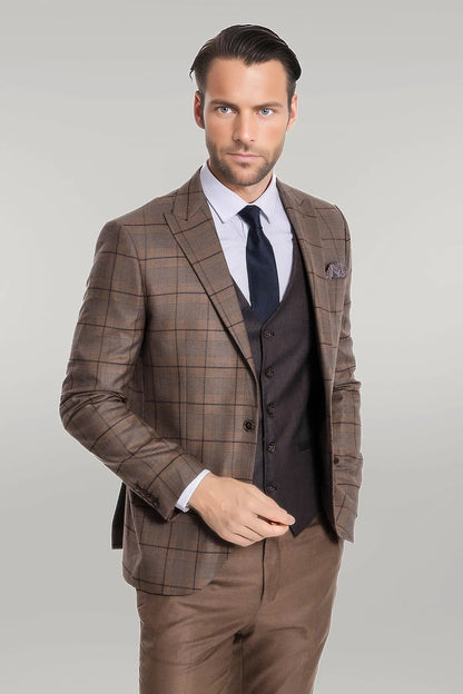 KOALA SYDNEY Slim Fit Checked Brown Men Suit