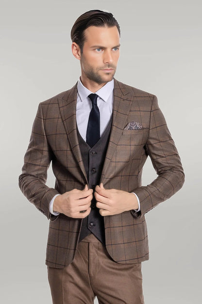 KOALA SYDNEY Slim Fit Checked Brown Men Suit