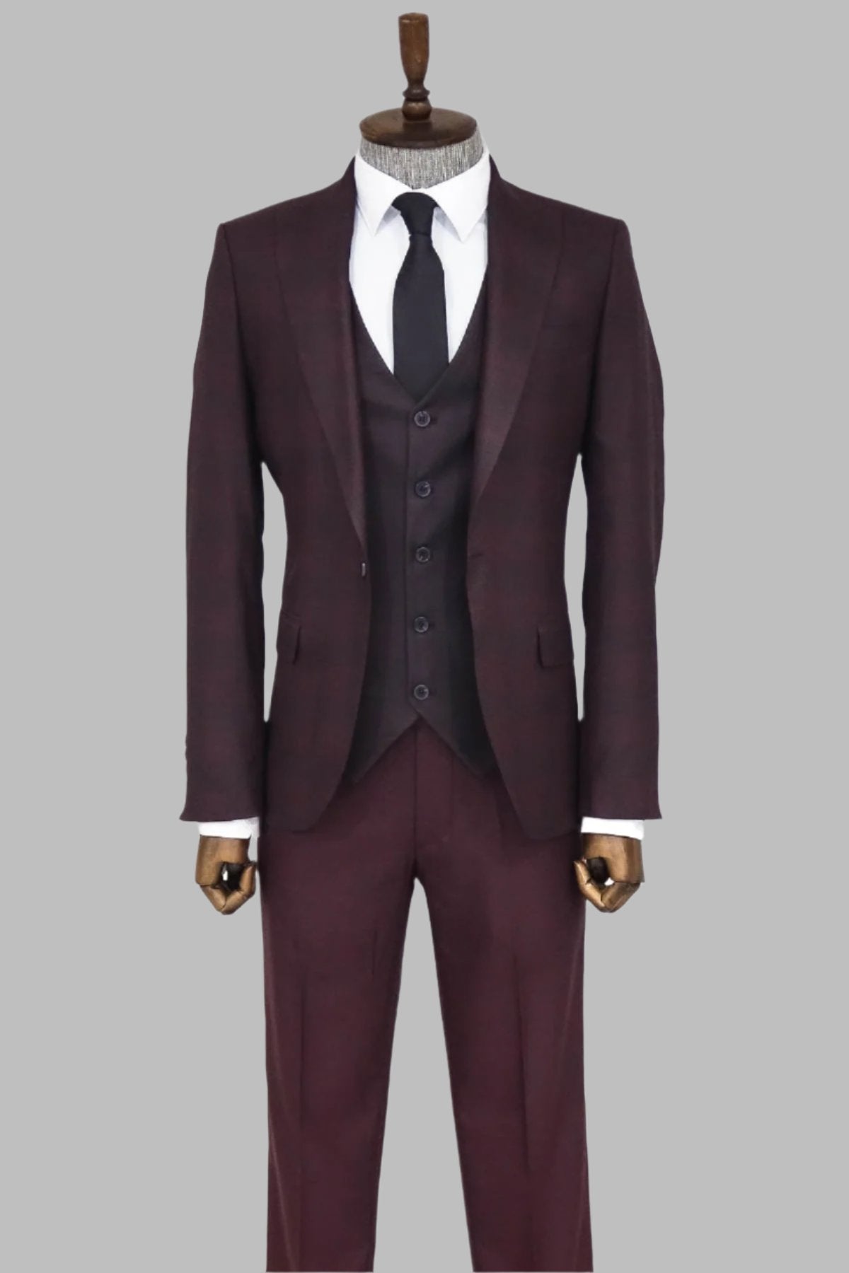 Slim Fit Checked Burgundy Men Suit -