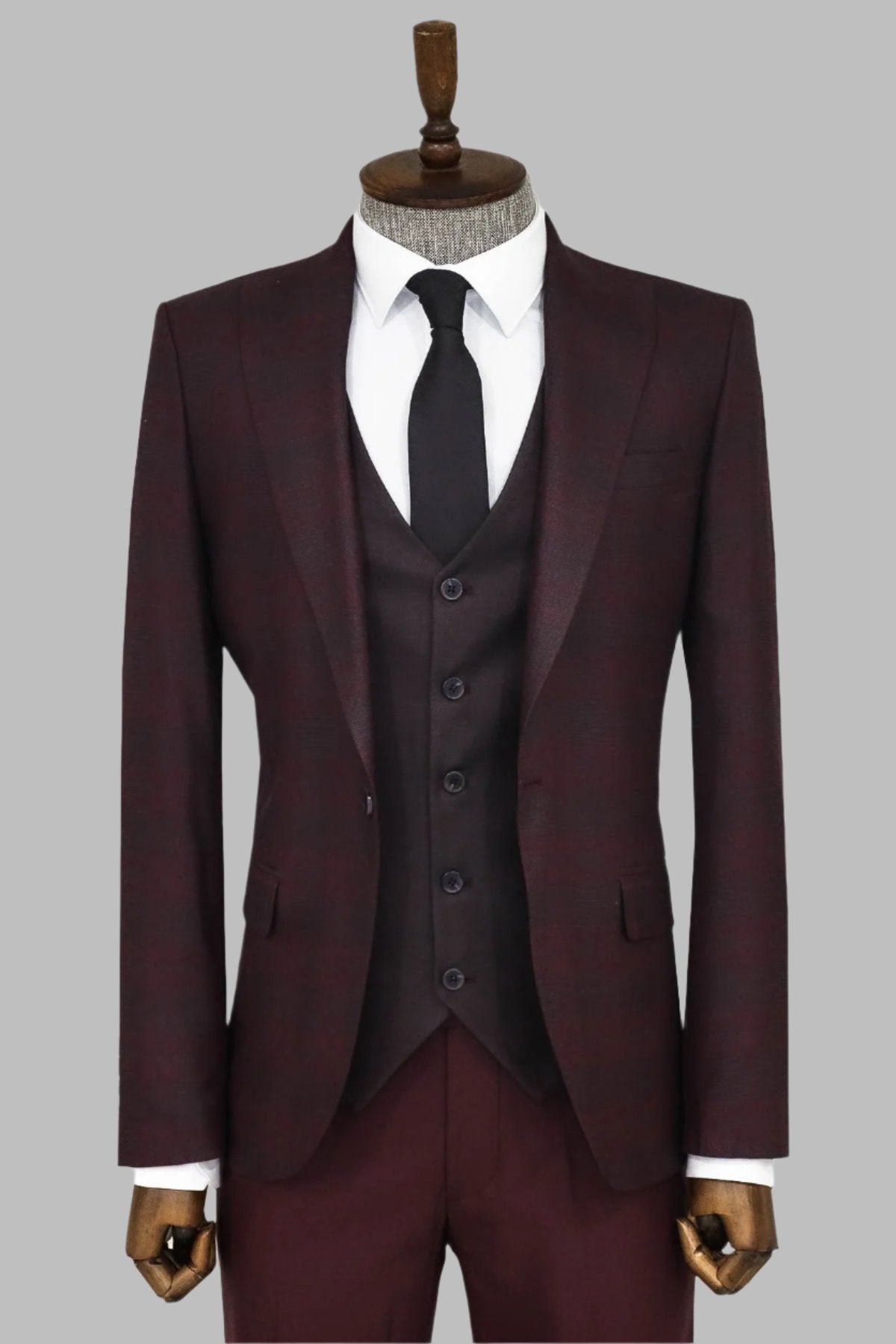 Slim Fit Checked Burgundy Men Suit -