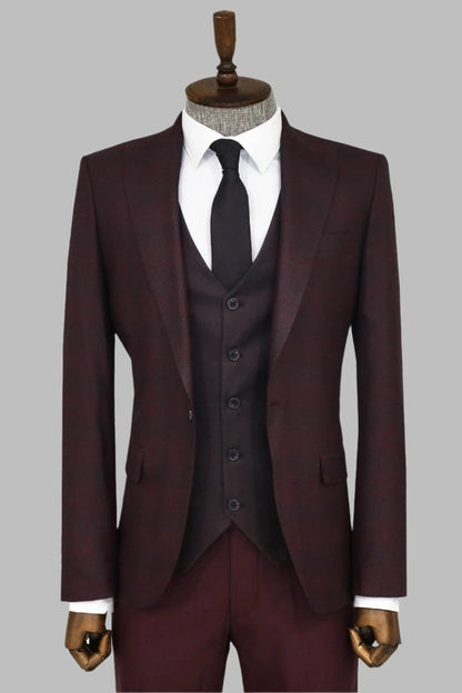 Slim Fit Checked Burgundy Men Suit -
