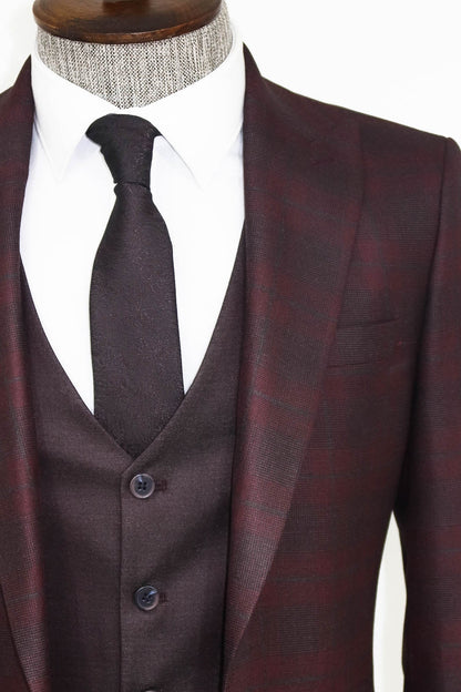 Slim Fit Checked Burgundy Men Suit -