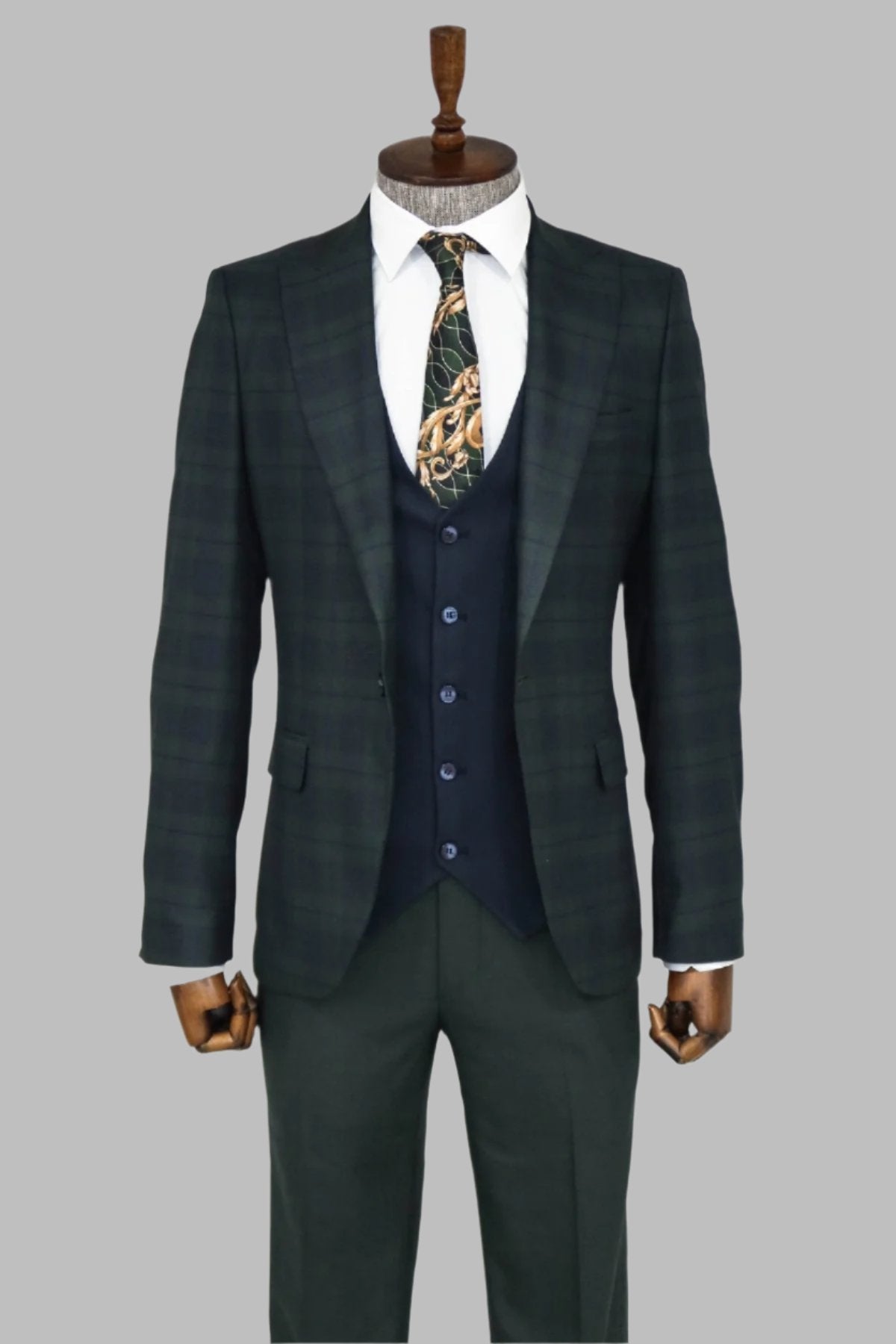 Slim Fit Checked Green Men Suit -