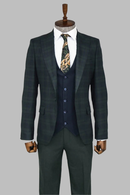 Slim Fit Checked Green Men Suit -