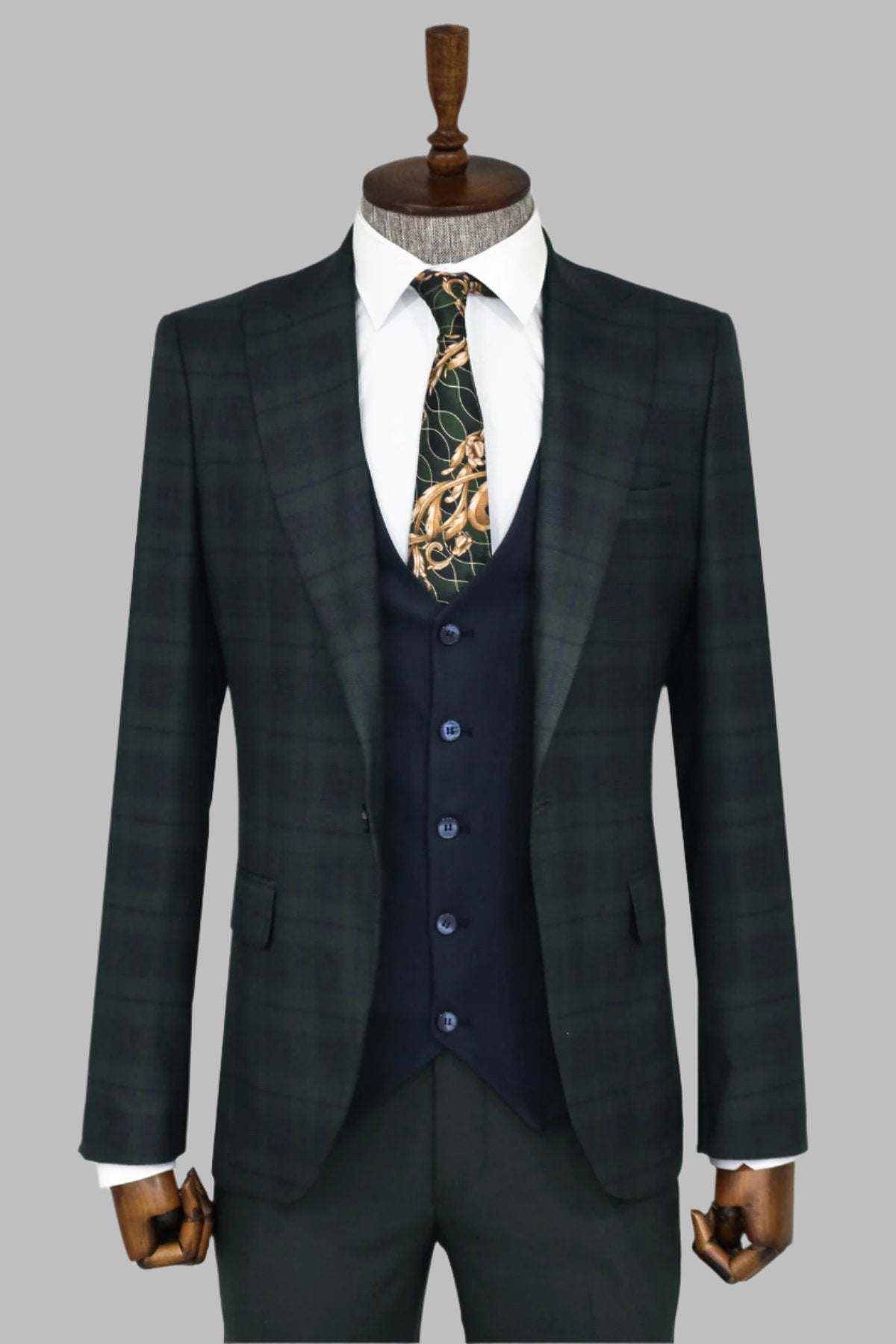 Slim Fit Checked Green Men Suit -