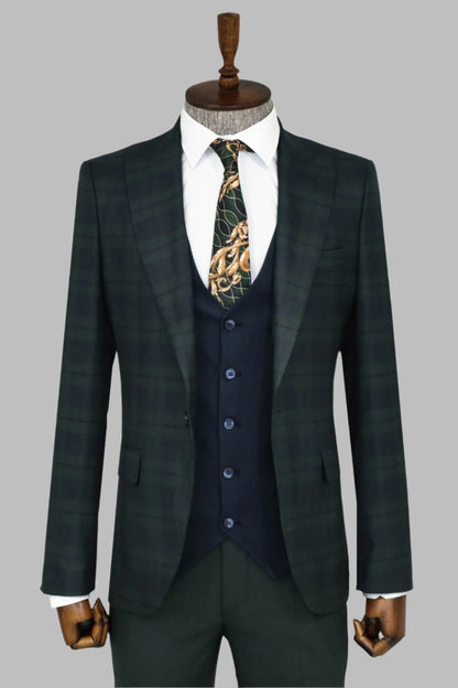 Slim Fit Checked Green Men Suit -