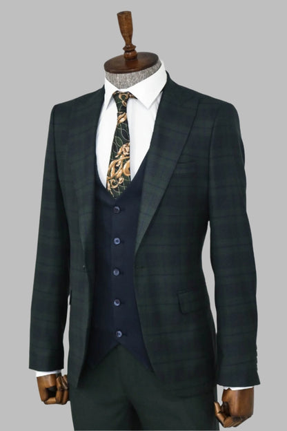 Slim Fit Checked Green Men Suit -