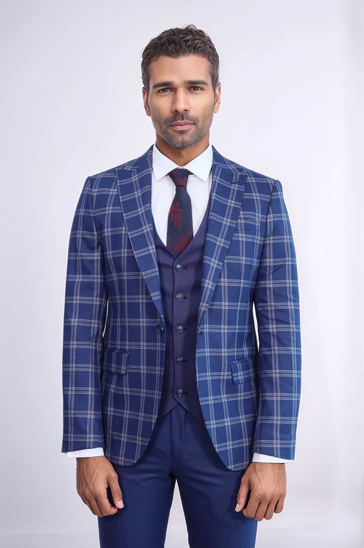 KOALA SYDNEY  Slim Fit Vested Peak Lapel Checked Navy Blue Men Combination Suit
