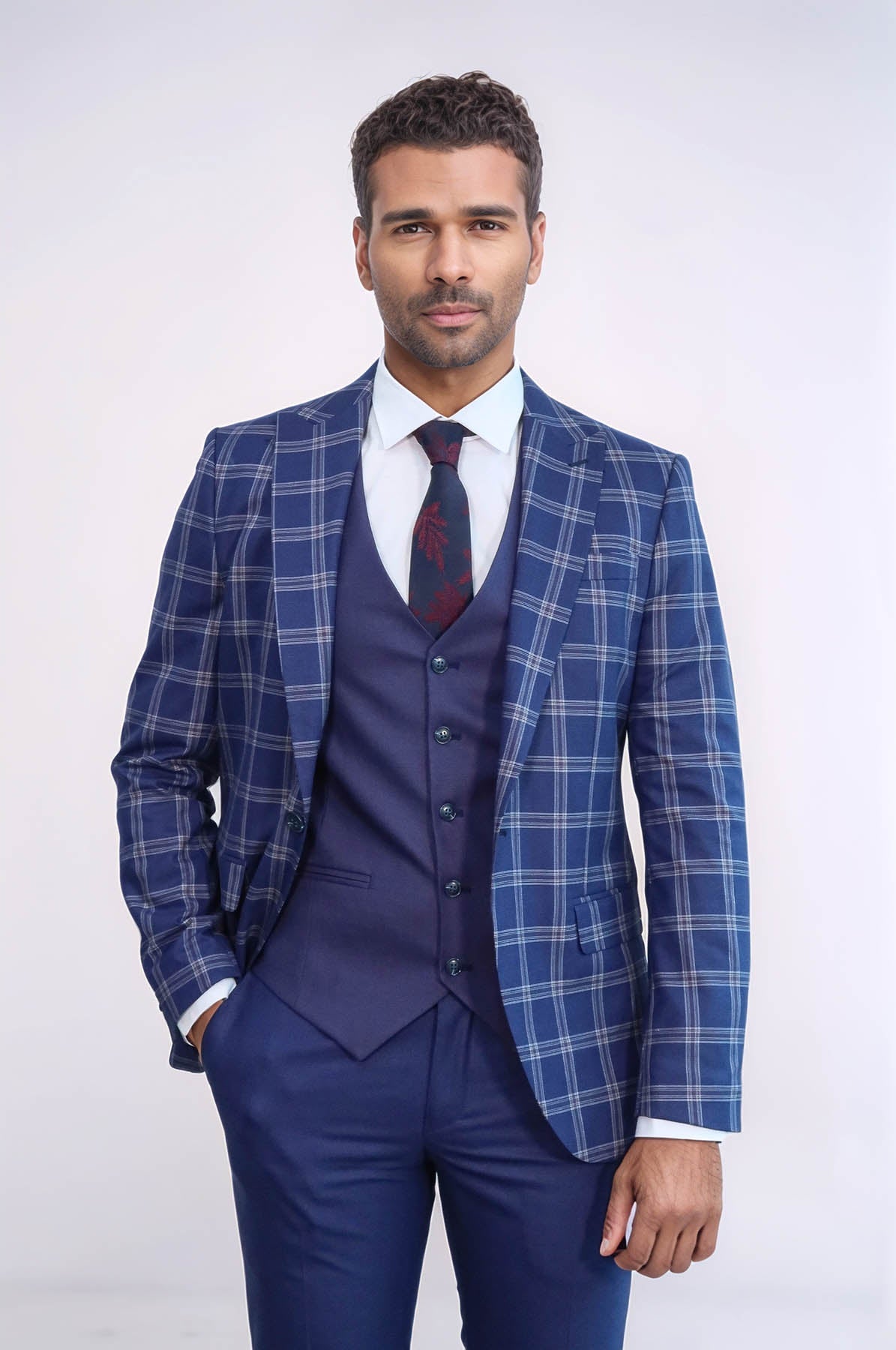 KOALA SYDNEY  Slim Fit Vested Peak Lapel Checked Navy Blue Men Combination Suit
