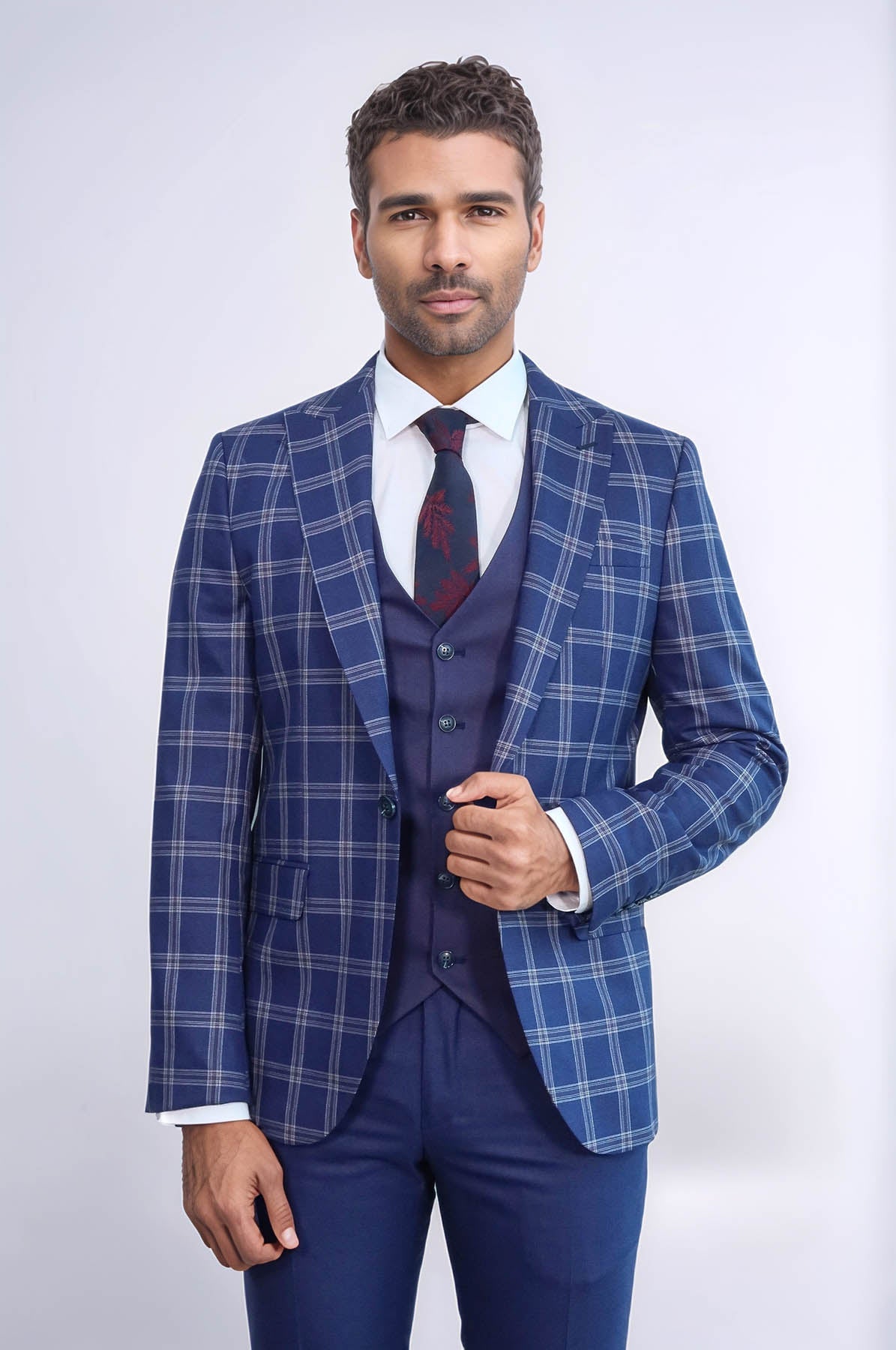 KOALA SYDNEY  Slim Fit Vested Peak Lapel Checked Navy Blue Men Combination Suit