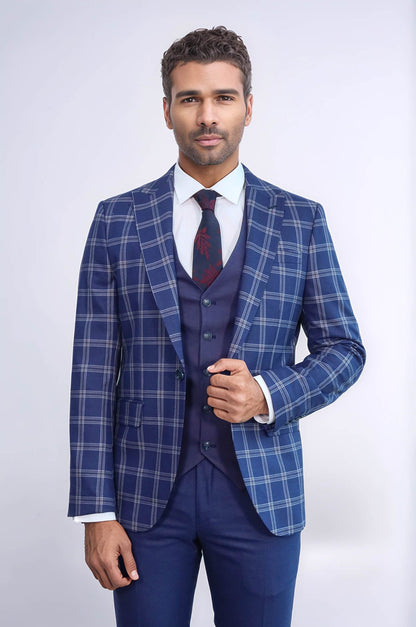 KOALA SYDNEY  Slim Fit Vested Peak Lapel Checked Navy Blue Men Combination Suit