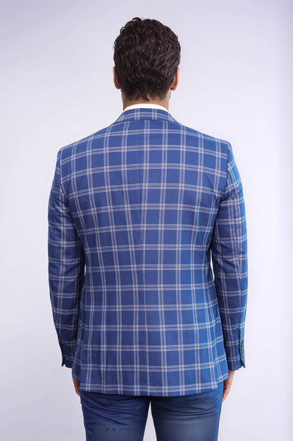 KOALA SYDNEY  Slim Fit Vested Peak Lapel Checked Navy Blue Men Combination Suit