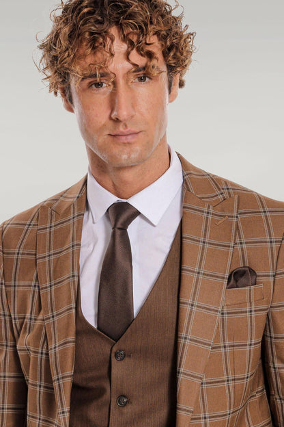 KOALA SYDNEY Checked Patterned Slim Fit Brown Men Suit