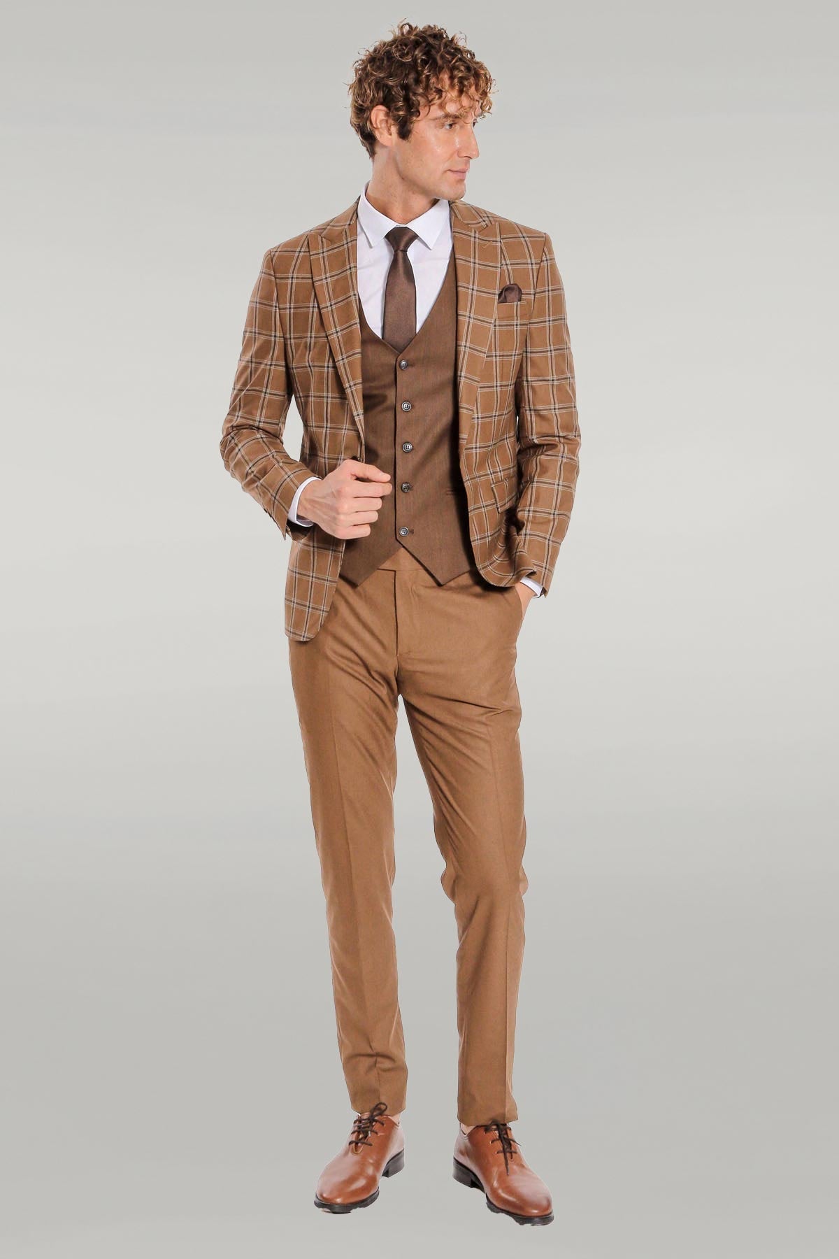 KOALA SYDNEY Checked Patterned Slim Fit Brown Men Suit