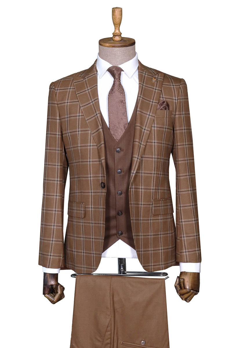 KOALA SYDNEY  Brown Plaid Suit, White Shirt, and Tie Look - Modern Business Elegance