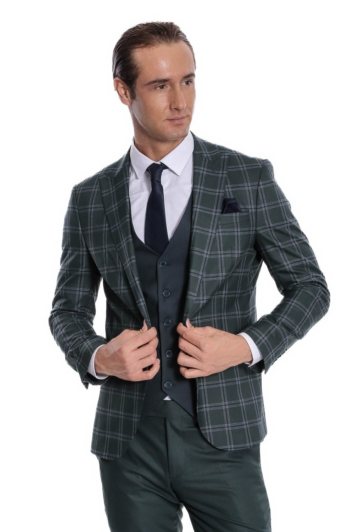 KOALA SYDNEY Checked Patterned Slim Fit Green Men Suit