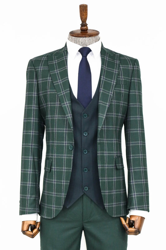 Checked Patterned Slim Fit Green Men Suit and Shirt Combination