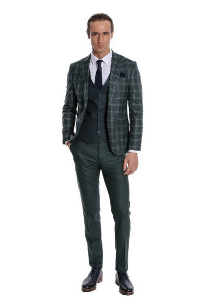 KOALA SYDNEY Checked Patterned Slim Fit Green Men Suit