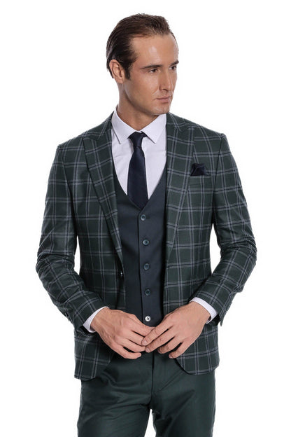 KOALA SYDNEY Checked Patterned Slim Fit Green Men Suit
