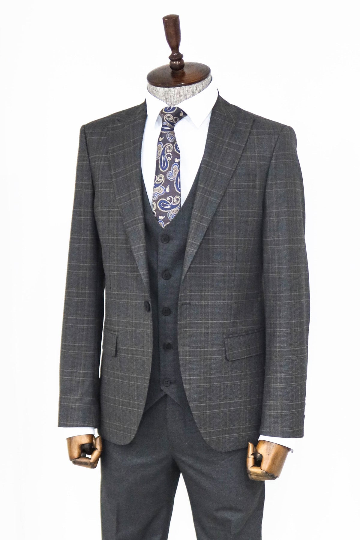 Checked Slim Fit Anthracite Men Suit and Shirt Combination
