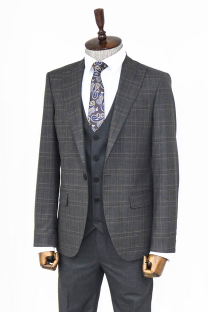 Checked Slim Fit Anthracite Men Suit and Shirt Combination
