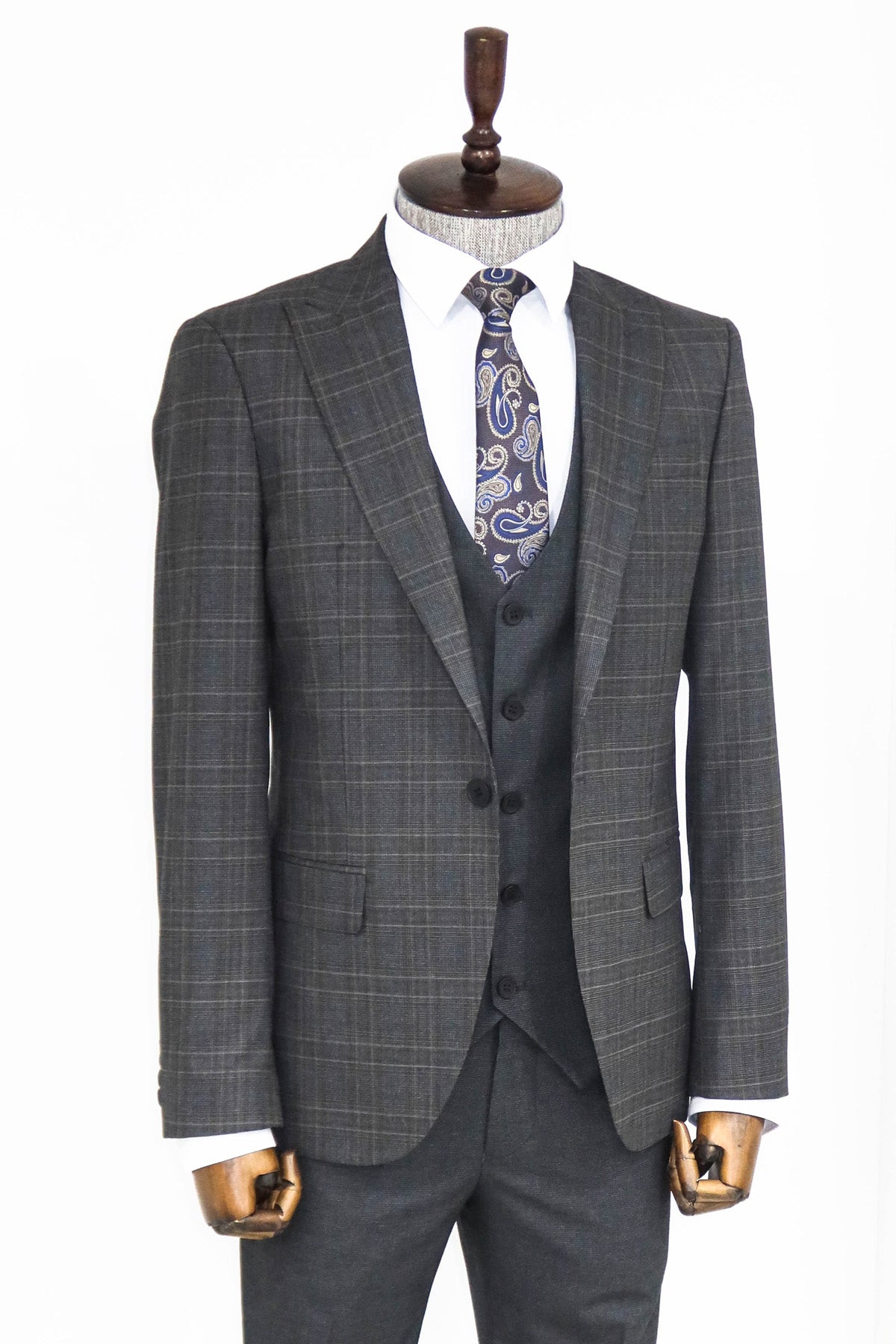 Checked Slim Fit Anthracite Men Suit and Shirt Combination