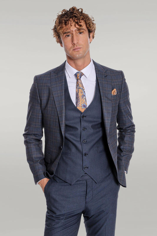 KOALA SYDNEY Checked Slim Fit Navy Blue Men Suit