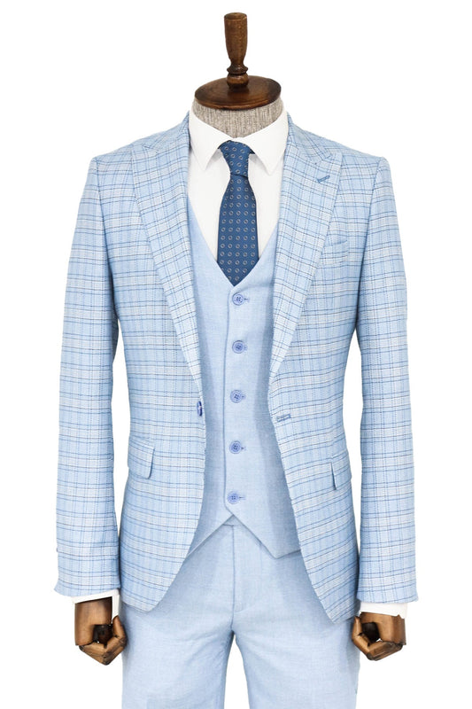 Checked Slim Fit Light Blue Men Suit and Shirt Combination