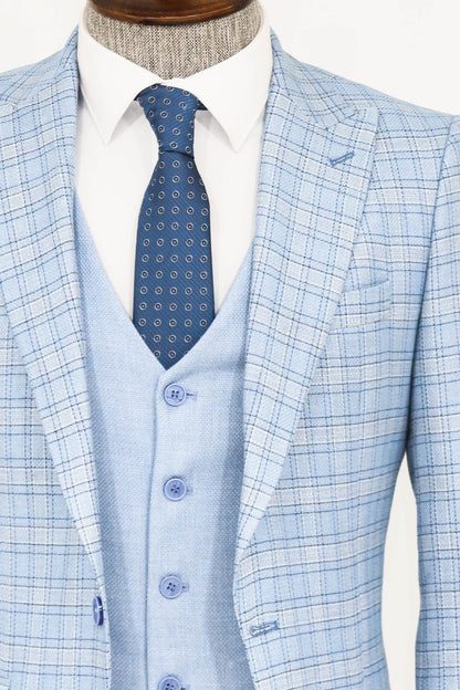 Checked Slim Fit Light Blue Men Suit and Shirt Combination-