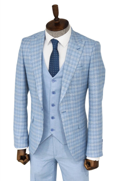 Checked Slim Fit Light Blue Men Suit and Shirt Combination-