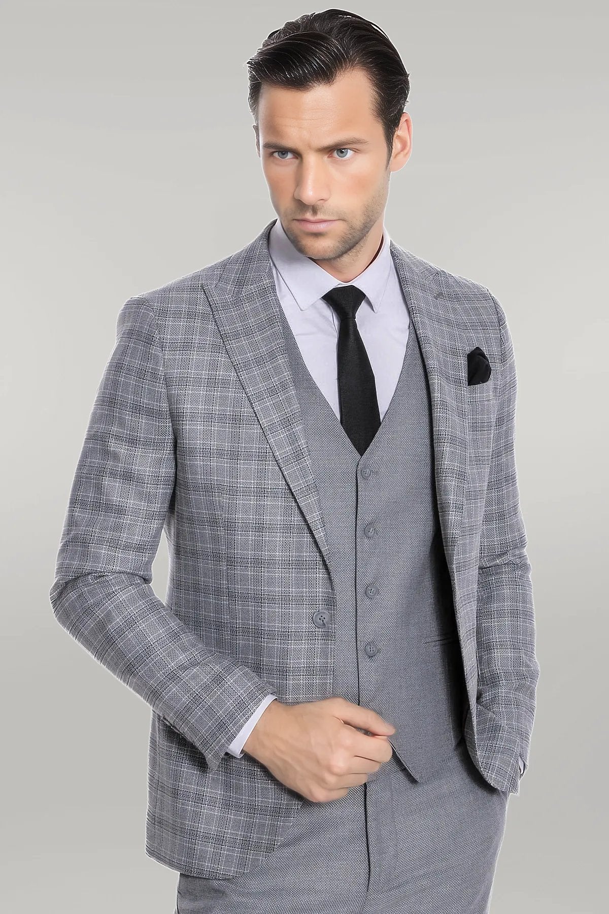 KOALA SYDNEY Checked Slim Fit Light Grey Men Suit