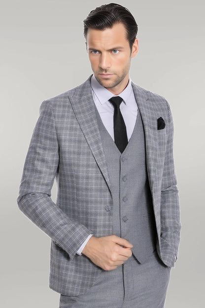 KOALA SYDNEY Checked Slim Fit Light Grey Men Suit