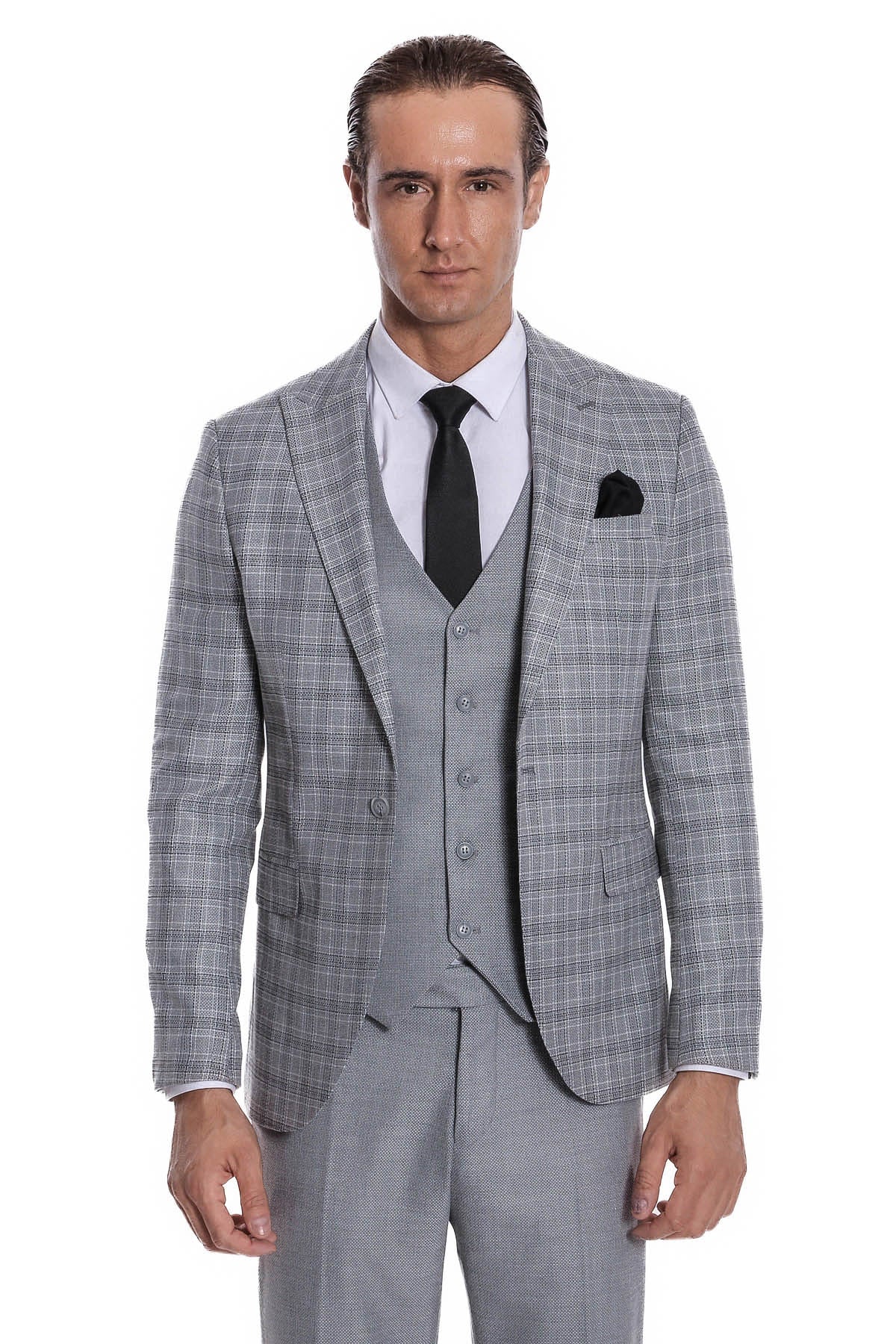 Checked Slim Fit Light Grey Men Suit