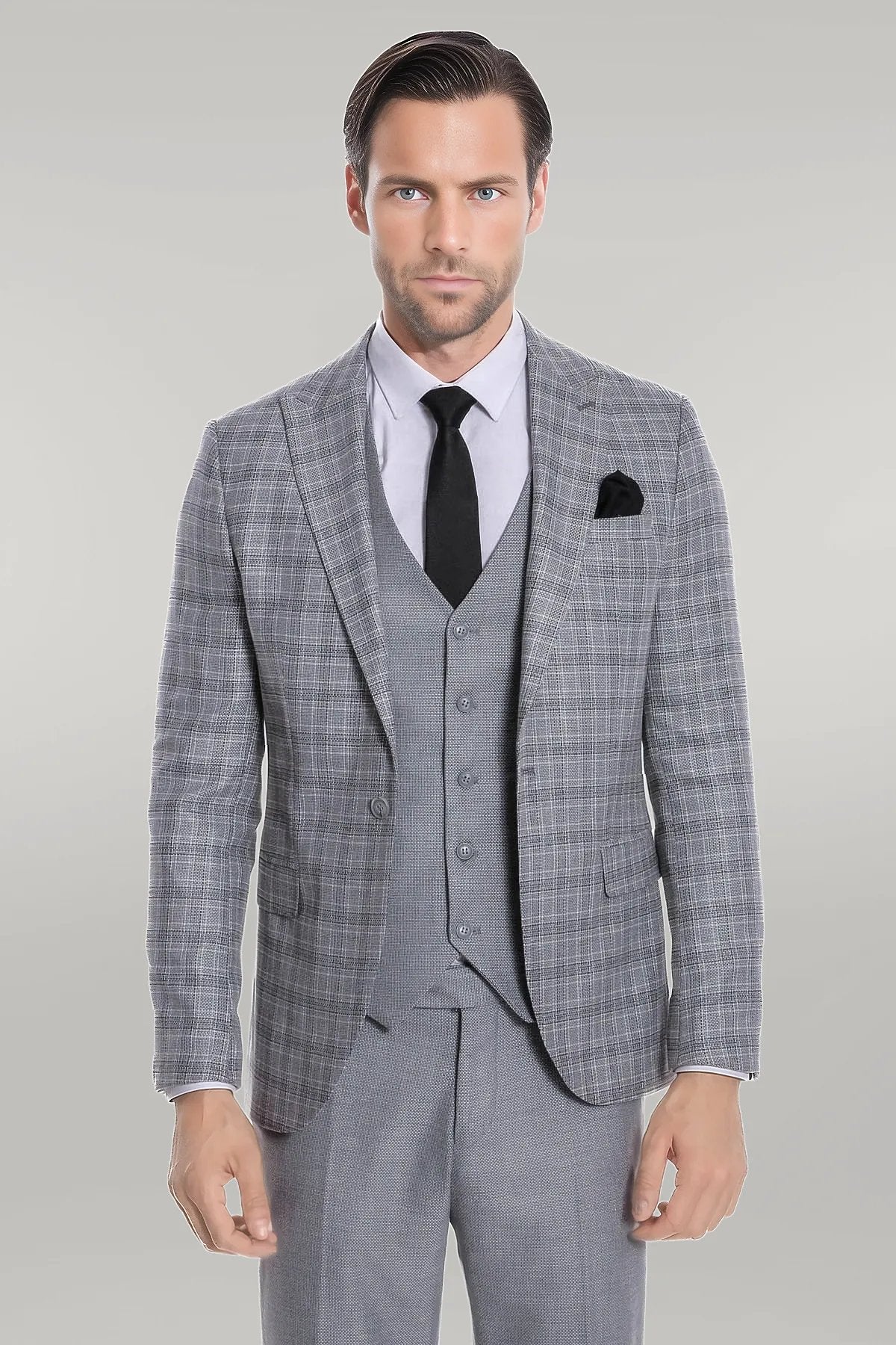 KOALA SYDNEY Checked Slim Fit Light Grey Men Suit