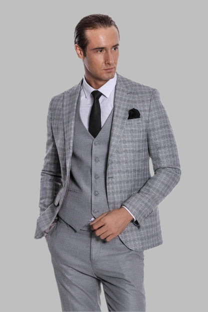 Checked Slim Fit Light Grey Men Suit