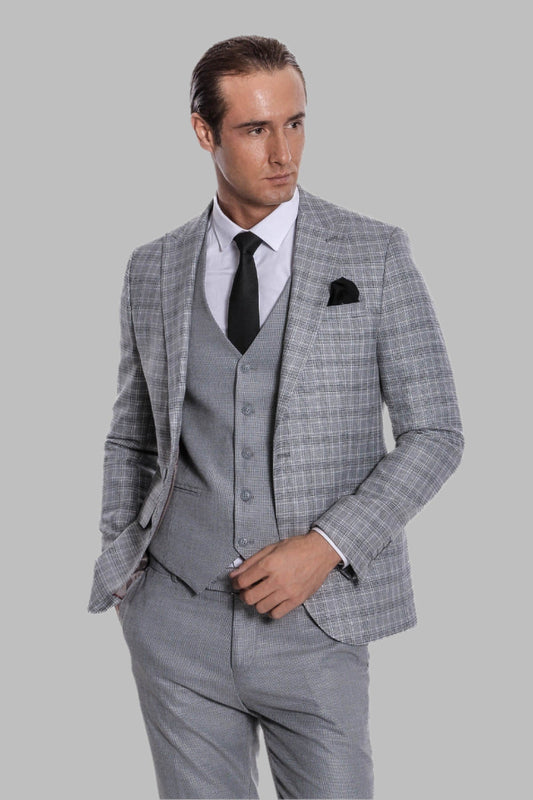 Checked Slim Fit Light Grey Men Suit