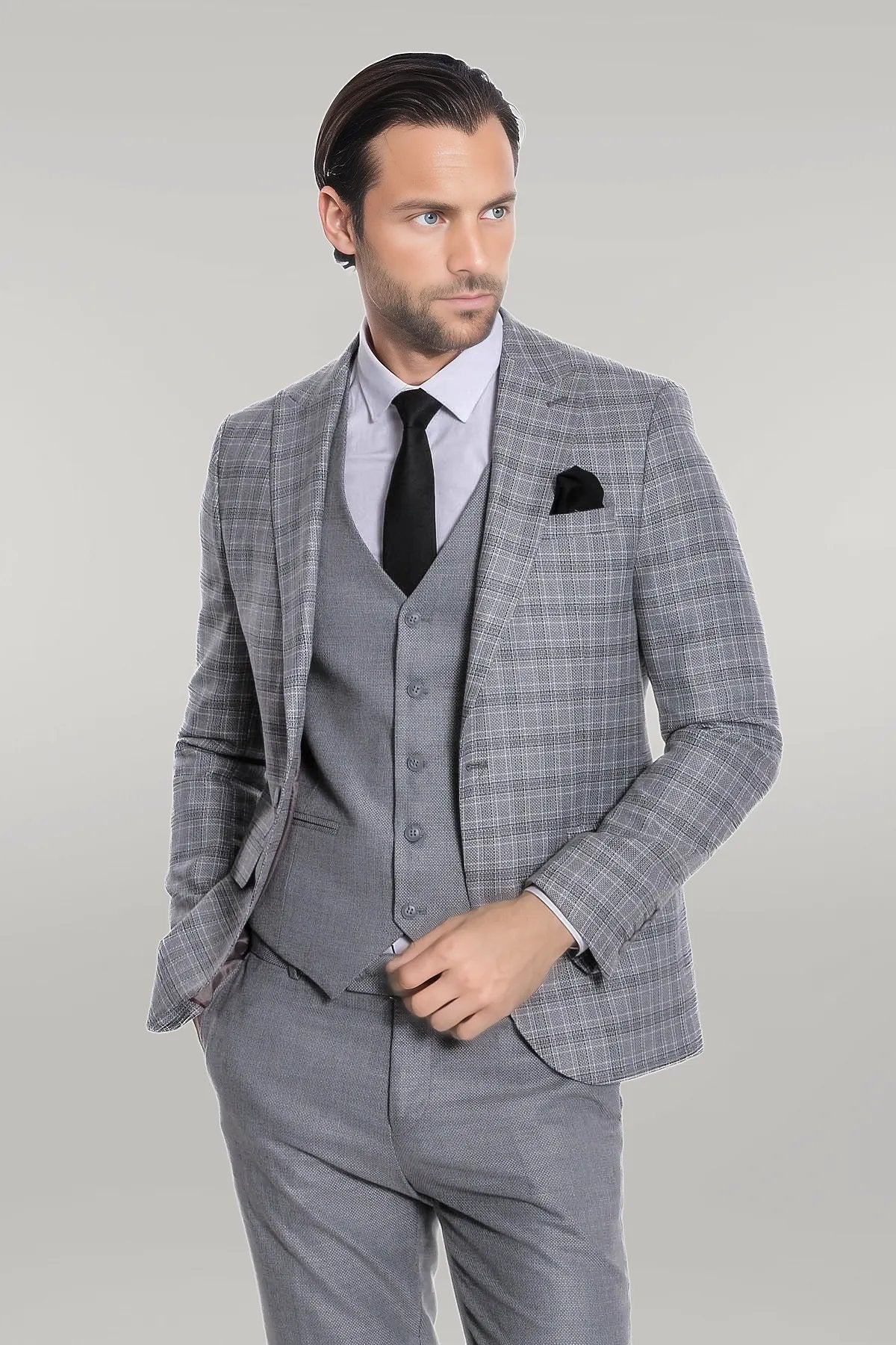 KOALA SYDNEY Checked Slim Fit Light Grey Men Suit
