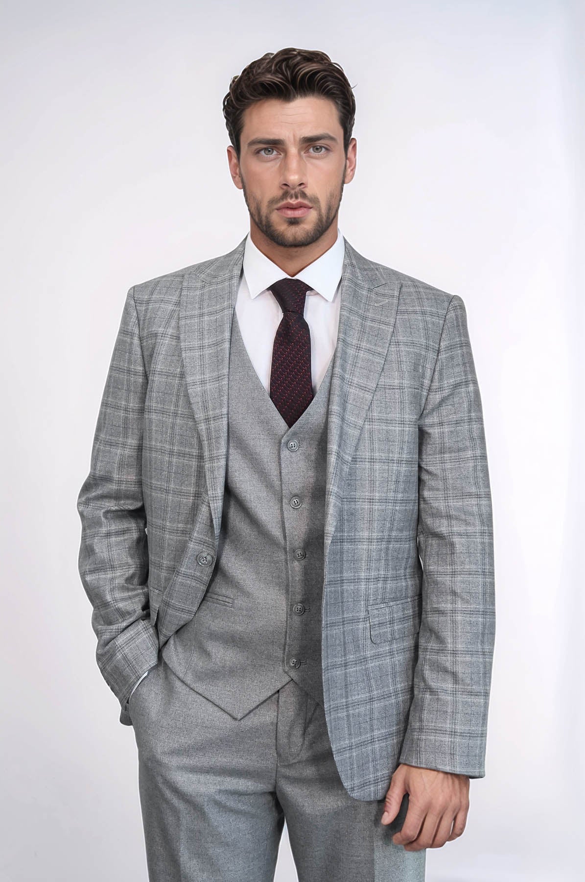 KOALA SYDNEY Checked Slim Fit Light Grey Men Suit