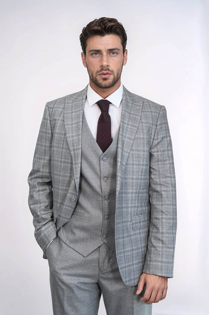 KOALA SYDNEY Checked Slim Fit Light Grey Men Suit