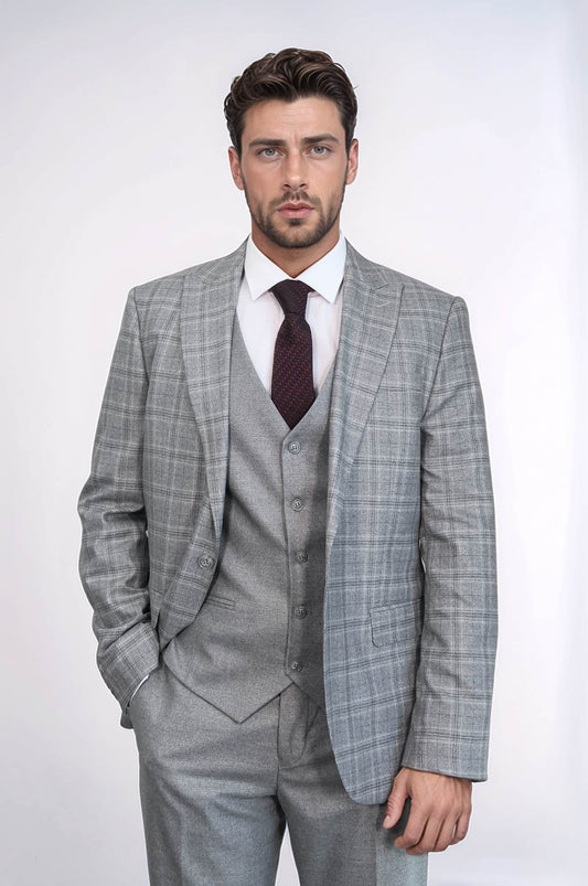 KOALA SYDNEY Checked Slim Fit Light Grey Men Suit