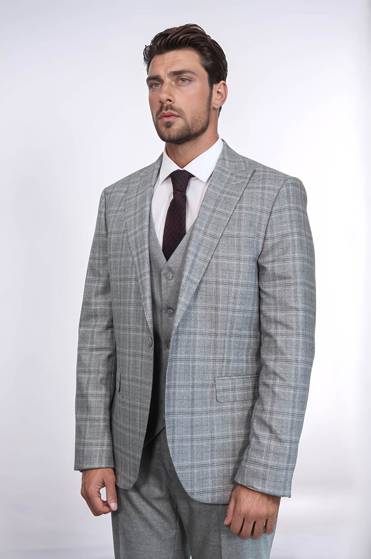 KOALA SYDNEY Checked Slim Fit Light Grey Men Suit