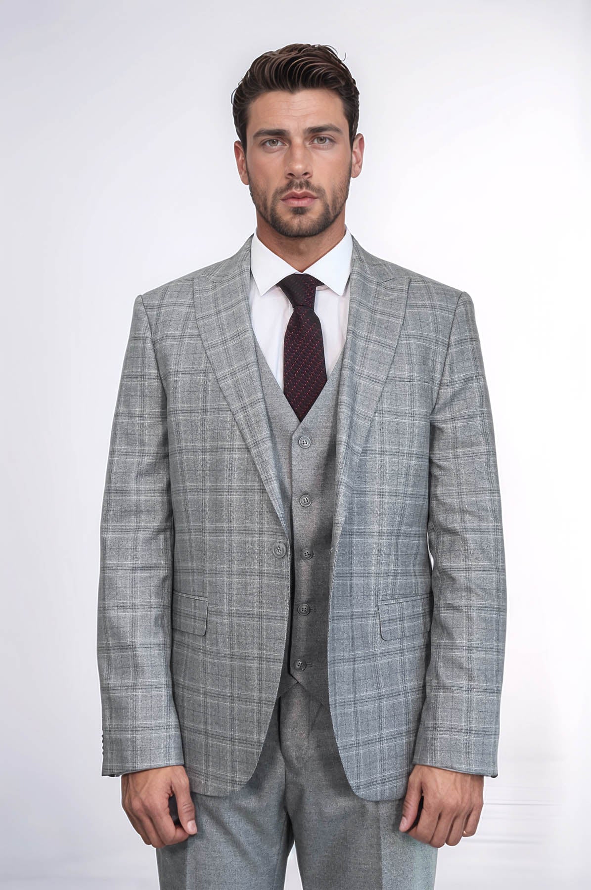 KOALA SYDNEY Checked Slim Fit Light Grey Men Suit