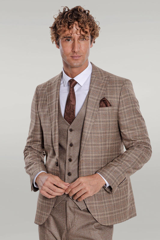 KOALA SYDNEY Checked Slim Fit Light Brown Men Suit