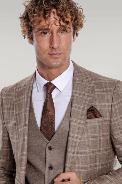 KOALA SYDNEY Checked Slim Fit Light Brown Men Suit