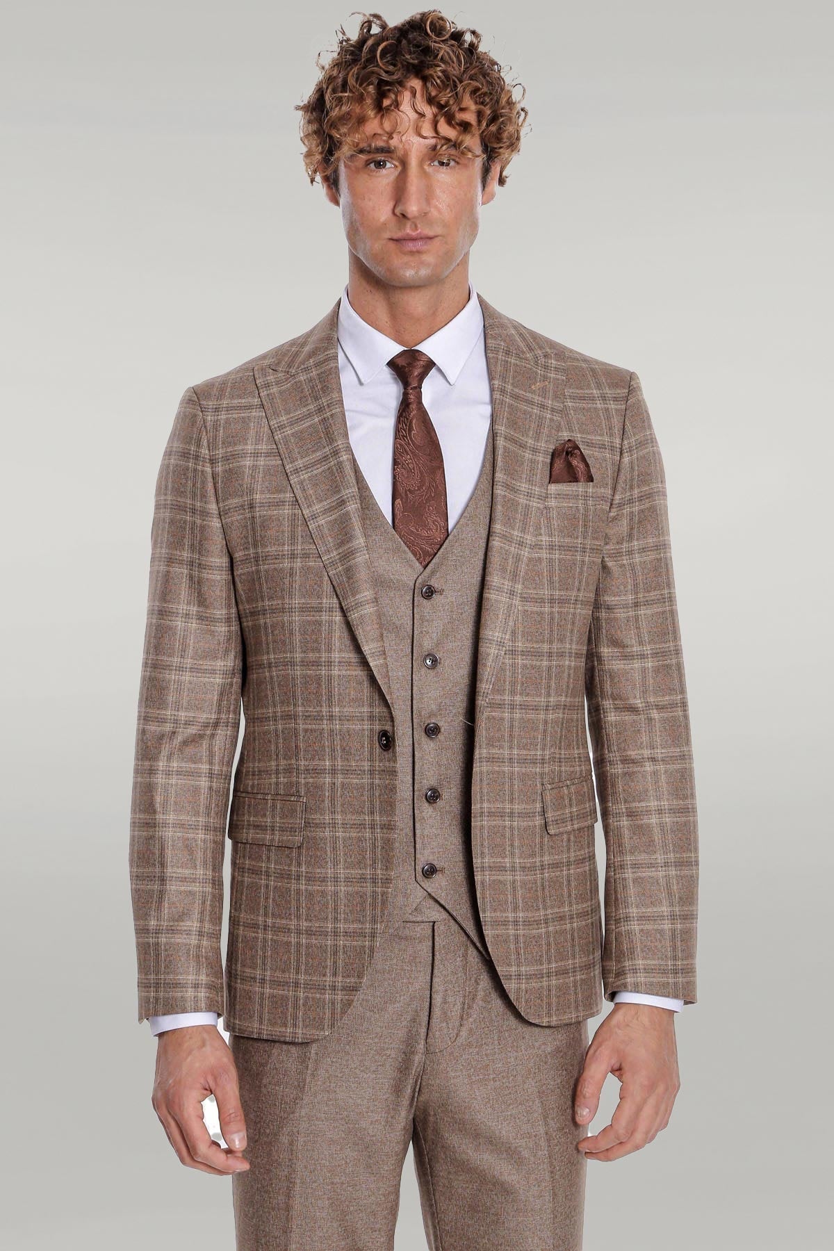 KOALA SYDNEY Checked Slim Fit Light Brown Men Suit