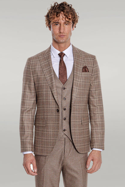 KOALA SYDNEY Checked Slim Fit Light Brown Men Suit