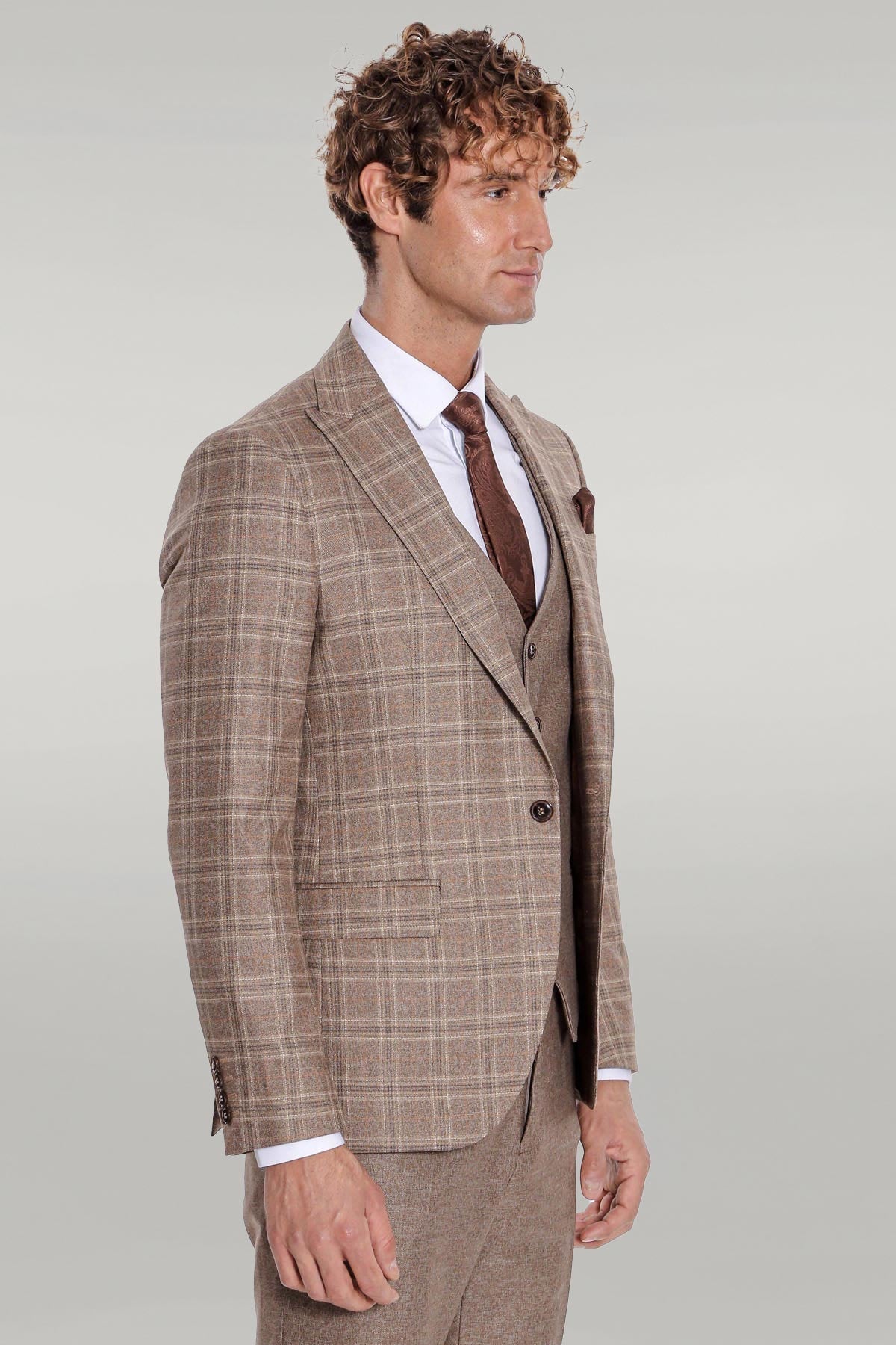 KOALA SYDNEY Checked Slim Fit Light Brown Men Suit