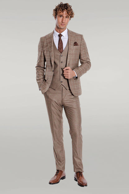 KOALA SYDNEY  Checked Slim Fit Light Brown Men Suit -