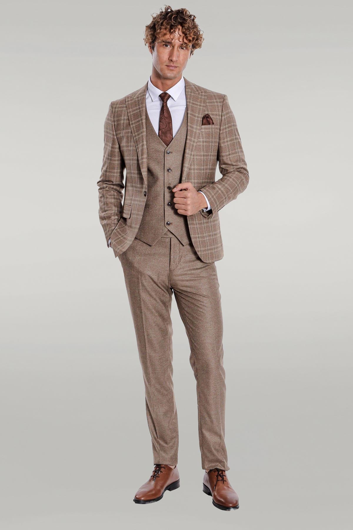 KOALA SYDNEY Checked Slim Fit Light Brown Men Suit