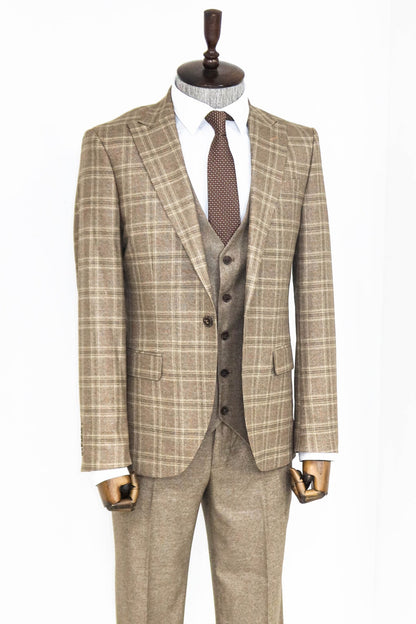 KOALA SYDNEY  Checked Slim Fit Light Brown Men Suit and Shirt Combination-